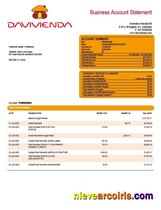Davivienda Bank company checking account statement